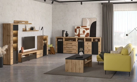 Komoda z szufladami Roger 133 cm dąb wotan / czarny gustowna stylistyka komody wzbogacona o stylowe czarne dodatki idealna do salonu sypialni