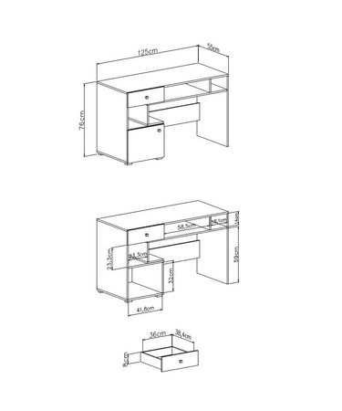 Biurko z szufladą Epsilon 125 cm beton / białe / dąb stylowe i funkcjonalne do pokoju młodzieżowego