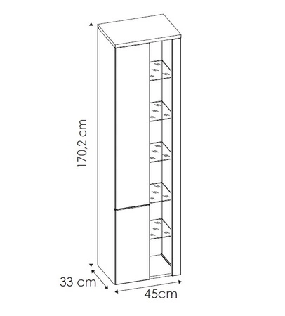 Słupek łazienkowy wiszący Bahama 45 cm biały połysk / dąb wotan wysoka szafka do łazienki z oświetleniem otwarte szklane półki