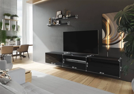 Szafka RTV wisząca Lutra 258 cm czarna / czarny połysk z półkami stylowy design szafki pod telewizor z frontami na wysoki połysk