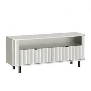 Szafka RTV Novado 137 cm biel alpejska stylowy design szafki z dekoracyjnym frezowanym frontem kontrastowe czarne dodatki