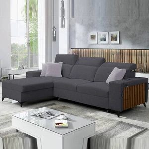 Narożnik z funkcją spania Kelly grafitowy lewostronny pleciony komfort i funkcjonalność bok narożnika wykończony lamelami