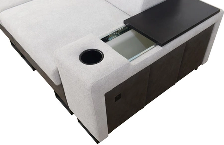 Narożnik z funkcją spania Flavio jasny brąz lewostronny komfortowy elegancki narożnik z dostawką otwierany barek w boczku mebla