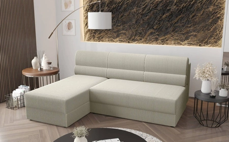 Narożnik z funkcją spania Fogu kość słoniowa lewostronny narożnik o prostym designie pokryty sztruksową tkaniną pojemnik na pościel