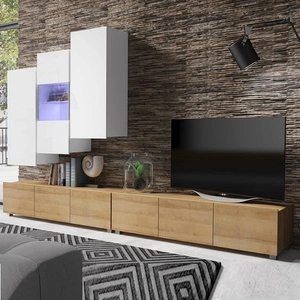 Meblościanka Apulia XVII biały połysk / dąb złoty wyjątkowo stylowa meblościanka proste bryły wpisujące się w każde wnętrze