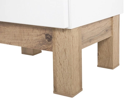 Słupek łazienkowy Bali 35 cm biały połysk / dąb wotan wysoka szafka do łazienki z szufladą osadzona na stabilnych nogach