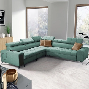 Narożnik z funkcją spania Bolmso III miętowy lewostronny narożnik z pojemnikami na pościel szuflada z pełnym wysuwem w boczku mebla