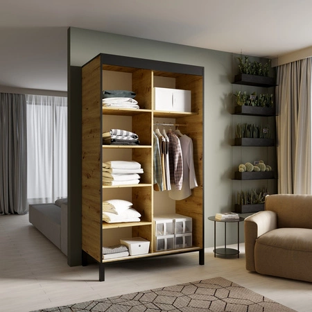 Szafa przesuwna Bell 120 cm dąb artisan / czarny stylowa szafa do przedpokoju lub biura w stylu loftowym wysoka podstawa