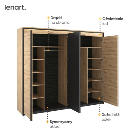 Szafa z lustrem Quant 250 cm dąb artisan / czarny nowoczesna forma subtelne podświetlenie LED idealna szafa do sypialni