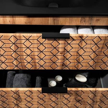 Zestaw mebli łazienkowych Diamond dąb wotan / czarny designerskie szafki do łazienki z nietuzinkowym ryflowaniem w kształcie rombów