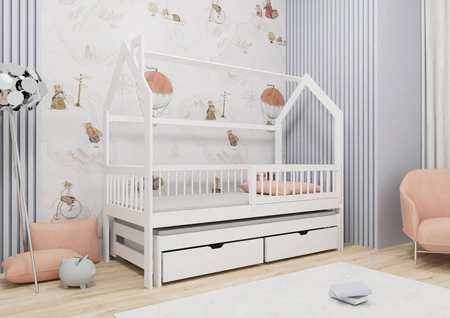 Łóżko dziecięce Dyzio 90x180 cm białe łóżko 2 osobowe wysuwane do pokoju dziecka drewniane łóżko domek z pojemnymi szufladami