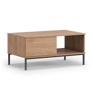 Stolik kawowy Tutti dąb hikora z szufladami prosta forma wsparta na metalowej podstawie blat odporny na rozlanie cieczy