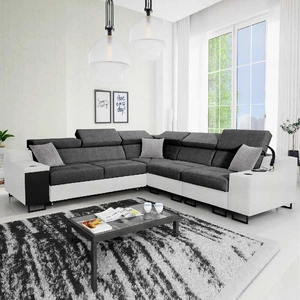 Narożnik z funkcją spania Alcamo III szary / biały prawostronny funkcjonalny narożnik z szufladą w boczku dwa pojemniki na pościel