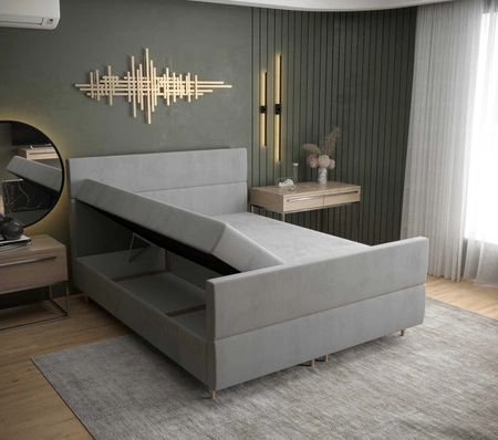 Łóżko kontynentalne Benet 180x200 turkusowe w nowoczesnym skandynawskim stylu z charakterystycznym wezgłowiem oraz zanóżkiem