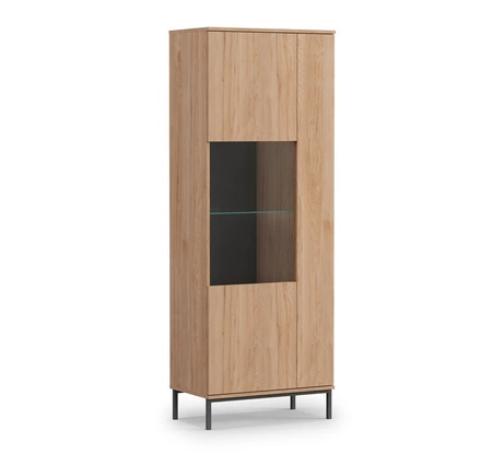 Witryna Tutti 70 cm dąb hikora stylowy design bezpieczne szkło hartowane witryna wsparta na wysokich metalowych nogach system push to open