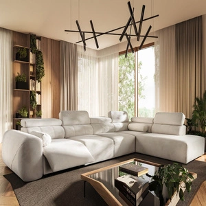 Narożnik z funkcją spania Cantare XI Lux kremowy prawostronny komfortowy narożnik do salonu z podnoszonym podnóżkiem miękka tkanina