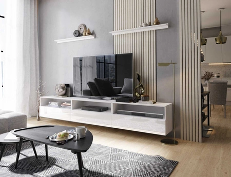 Szafka RTV wisząca Kaires 258 cm biała / biały połysk z półkami elegancki i stylowy design wpisujący się w każde wnętrze
