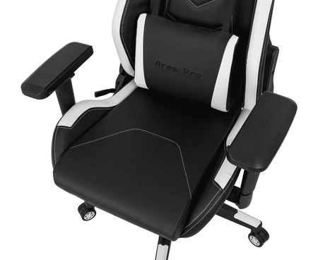 Fotel gamingowy Ares Pro czarny / biały komfortowy i funkcjonalny fotel z regulowanymi podłokietnikami stabilny metalowy stelaż