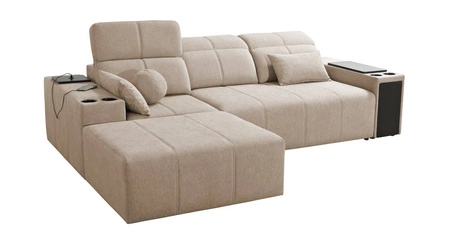 Narożnik z funkcją spania Tesalia szary lewostronny nowoczesny design komfortowe przesuwane oparcie szuflada w boczku mebla