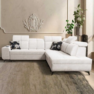 Narożnik z funkcją spania Buffalo IX kremowy prawostronny stylowy narożnik do pokoju wykonany z welurowej tkaniny ozdobne poduszki