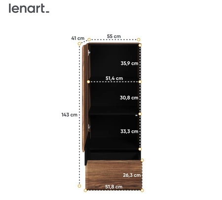 Komoda wysoka Borga 55 cm dąb catania / czarny modna komoda z szufladą do salonu lub pokoju dziennego nietuzinkowe frezowane fronty