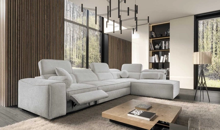 Narożnik z funkcją spania Viano XI Lux szary popiel prawostronny designerski narożnik z wysuwanym podnóżkiem i pojemnikiem na pościel