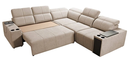 Narożnik z funkcją spania Tesalia III Lux niebieski prawostronny komfortowy narożnik z wysuwanym podnóżkiem funkcja przesuwanego oparcia