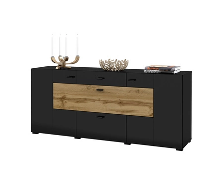 Komoda z szufladami Coby 165 cm czarna / dąb wotan nowoczesny design idealna komoda do salonu sypialni lub biura czarne uchwyty