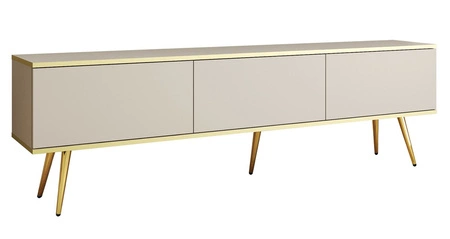 Szafka RTV Luxury 175 cm beżowa elegancki design korpus zwieńczony złotą listwą szafka wsparta na złotych metalowych nogach