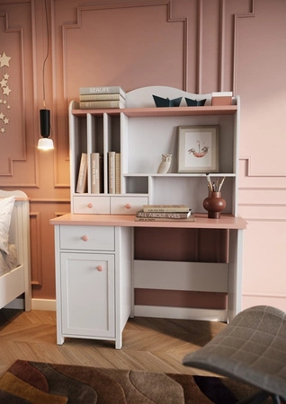 Biurko Luna 110 cm biały / różowy modne biurko z szufladą do pokoju dziecięcego praktyczny i ergonomiczny mebel z obszernym blatem