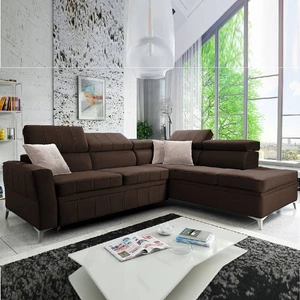 Narożnik z funkcją spania Rava III brązowy prawostronny velvet komfortowy narożnik z regulowanymi zagłówkami i pojemnikiem na pościel