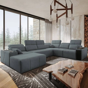 Narożnik z funkcją spania Tesalia VIII szary lewostronny komfortowy narożnik do salonu z innowacyjną funkcją przesuwanego oparcia