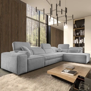 Narożnik z funkcją spania Viano XI jasny szary prawostronny modny i stylowy narożnik z regulowanymi zagłówkami ozdobne poduszki