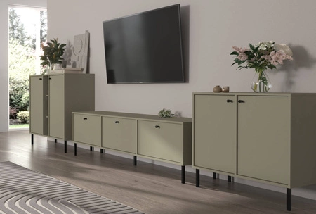 Meblościanka Kioto II eukaliptus stylowy design mebli do salonu eleganckie meble wsparte na metalowych czarnych nogach subtelne uchwyty