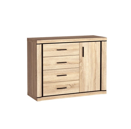 Komoda z szufladami Dallas 117 cm dąb sonoma / czarny elegancka stylistyka mebla wzbogacona o stylowe czarne dodatki