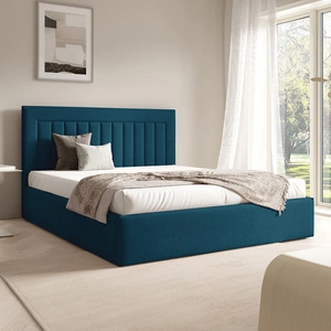 Łóżko tapicerowane Togo 140x200 granatowe eleganckie i funkcjonalne łóżko do sypialni gustowne pionowe przeszycia na wezgłowiu