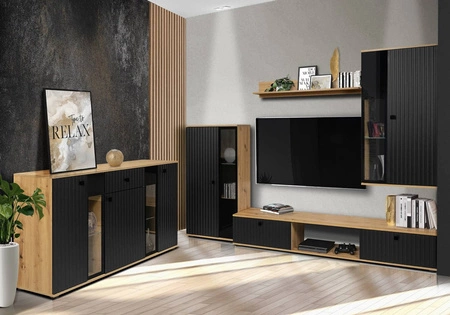 Komoda z szufladą Senja 140 cm dąb artisan / czarna elegancki design ozdobny ryflowany front z metalowym uchwytem