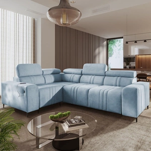 Narożnik z funkcją spania Castel II błękitny lewostronny komfortowy narożnik z regulowanymi zagłówkami pojemnik na pościel