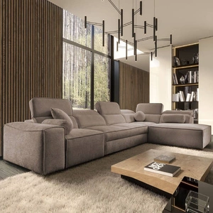 Narożnik z funkcją spania Viano XI jasny brąz prawostronny modny i stylowy narożnik z regulowanymi zagłówkami ozdobne poduszki