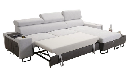 Narożnik z funkcją spania Flavio beżowy prawostronny elegancki narożnik z dostawką otwierany barek w boczku mebla