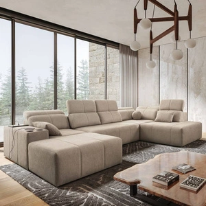 Narożnik z funkcją spania Tesalia VI beżowy lewostronny nowoczesny i komfortowy narożnik z funkcją przesuwanego oparcia