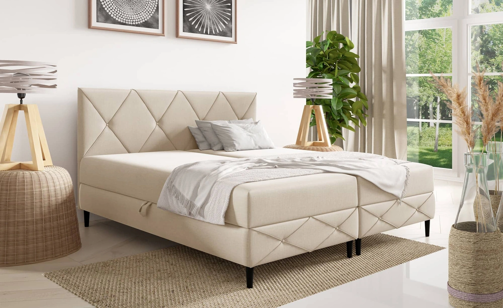 Łóżko kontynentalne z pojemnikiem na pościel Noren Łóżko tapicerowane do sypialni 