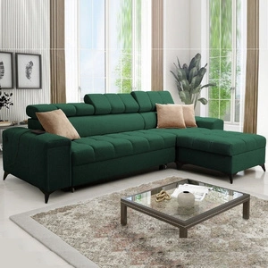 Narożnik z funkcją spania Bolmso zielony prawostronny narożnik z dwoma pojemnikami na pościel praktyczna szuflada w boczku mebla