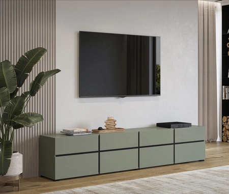 Szafka RTV Cross 225 cm zielona prosta forma w nowoczesnym wydaniu idealna szafka do salonu i pokoju dziennego geometryczny kształt