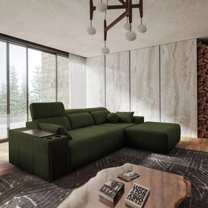 Narożnik z funkcją spania Tesalia zielony prawostronny nowoczesny design komfortowe przesuwane oparcie szuflada w boczku mebla