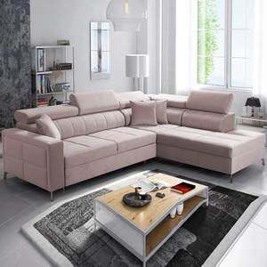 Narożnik z funkcją spania Nausa III pudrowy róż prawostronny velvet stylowy komfortowy narożnik regulowane zagłówki pojemnik na pościel