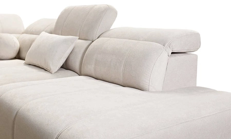 Narożnik z funkcją spania Penejos IX oliwkowy prawostronny stylowy narożnik z pojemnikami na pościel wygodne regulowane zagłówki