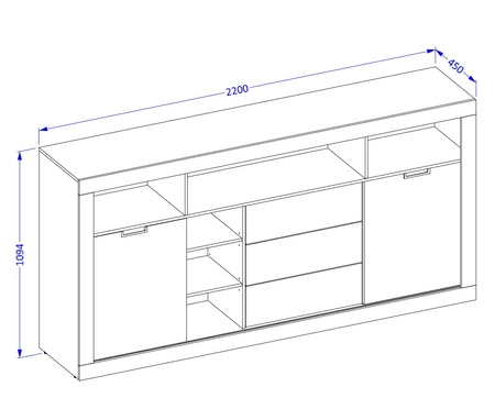 Komoda z szufladami Tudor 220 cm dąb samdal / czarny z drzwiami przesuwnymi funkcjonalna i pojemna komoda bezuchwytowy system push to open