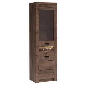 Witryna Indiana 56 cm jesion ciemny stylowa witryna do salonu elementy z bezpiecznego szkła ozdobna deska na froncie witryny oświetlona LED