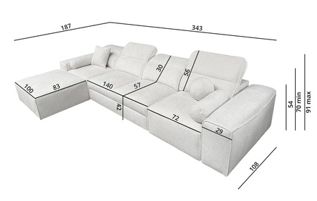 Narożnik z funkcją spania Viano XII jasny szary lewostronny stylowy narożnik o ciekawym kształcie regulowane zagłówki ozdobne poduszki